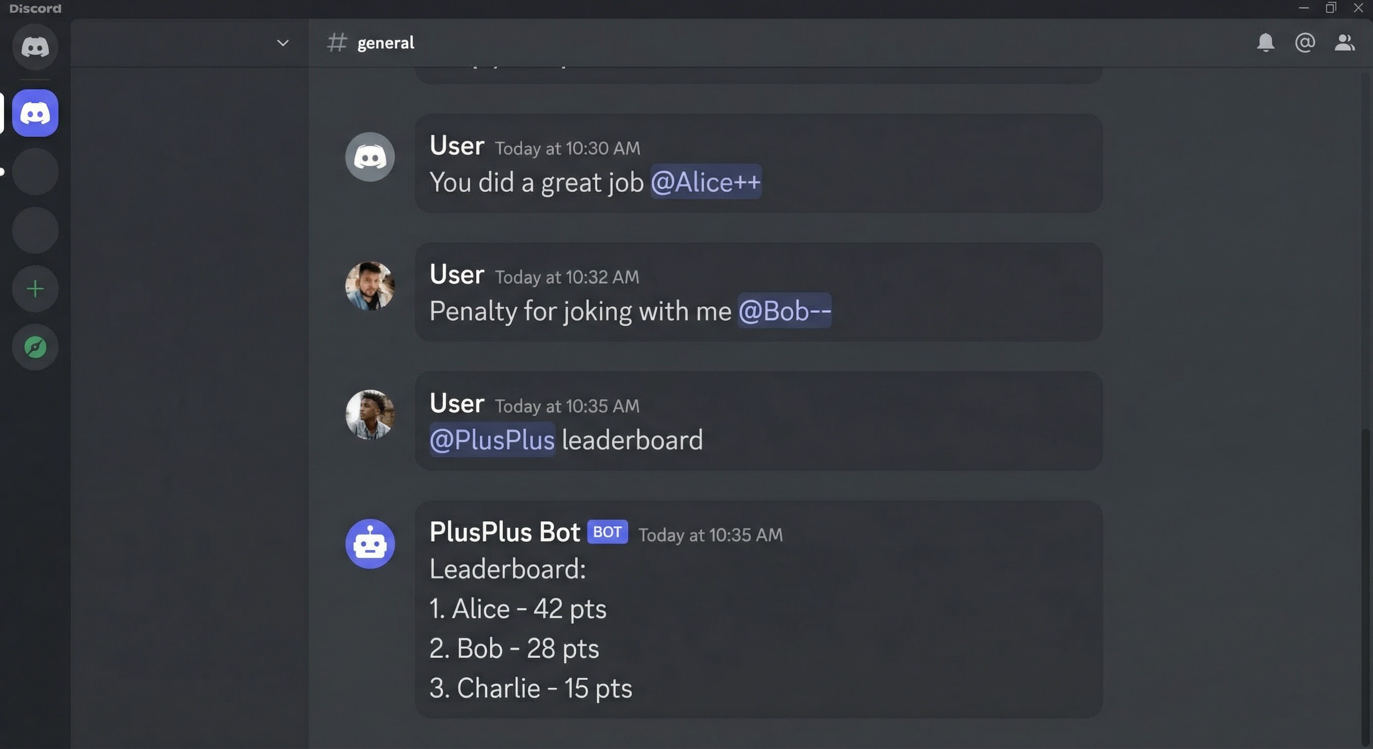 PlusPlus leaderboard example in Discord chat